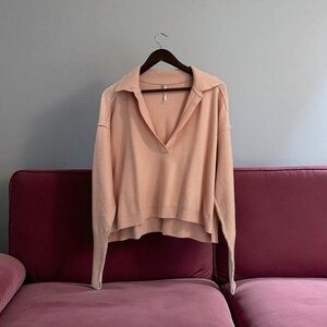 Free People Boxy Reverse Seam V-Neck Collared Sweater Dusty Pink Hi-Low Hem Sz M